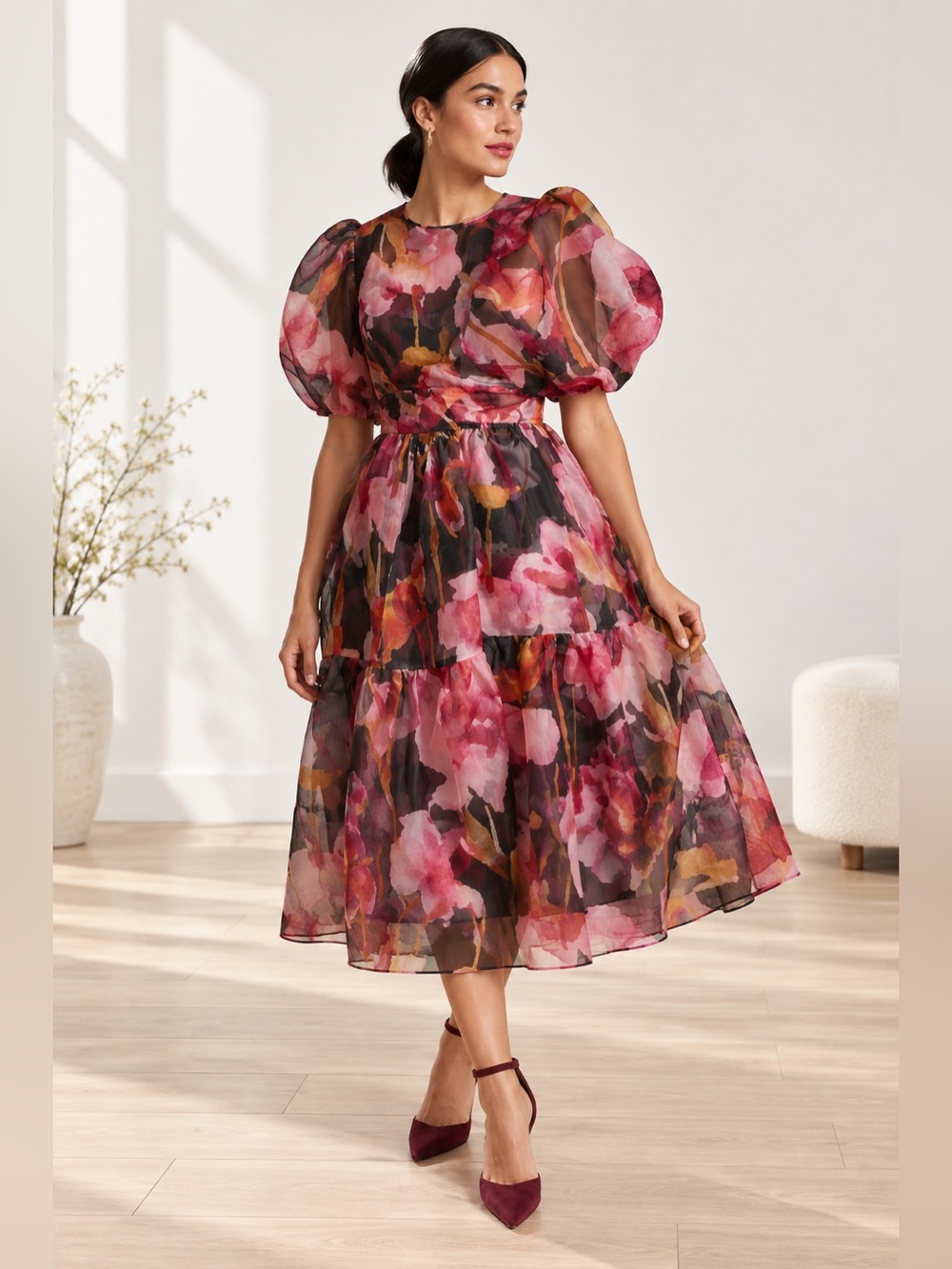 Anthropologie Organza Puff Sleeve Silk Floral Sheer Lined Mid Dress Open Back 1X